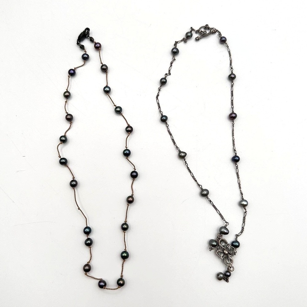 Vintage 90s Black Pearl Glass Bead Necklace Set Duo Floral Pendant Boho Jewelry